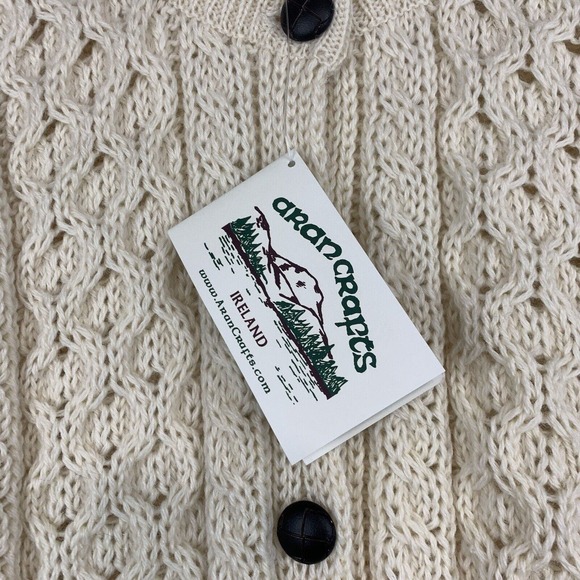 Aran Crafts Sweater Wool Button Front Boyfriend  Cable Knit Cream Fishermancore - Picture 4 of 7